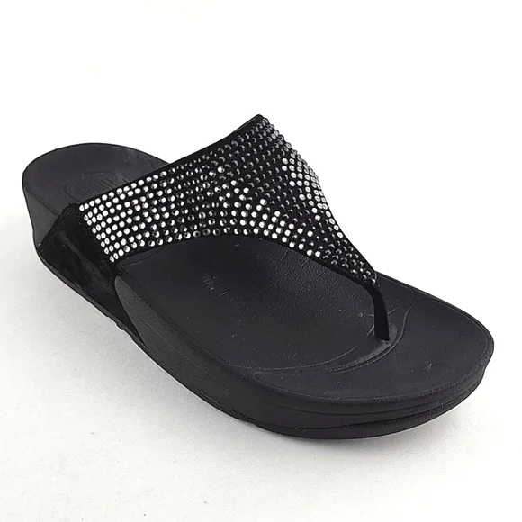 Fitflop Women's Lulu Black Popstud Toe-Post Shiny Metal Studs Sandals Size 7 - Picture 1 of 16